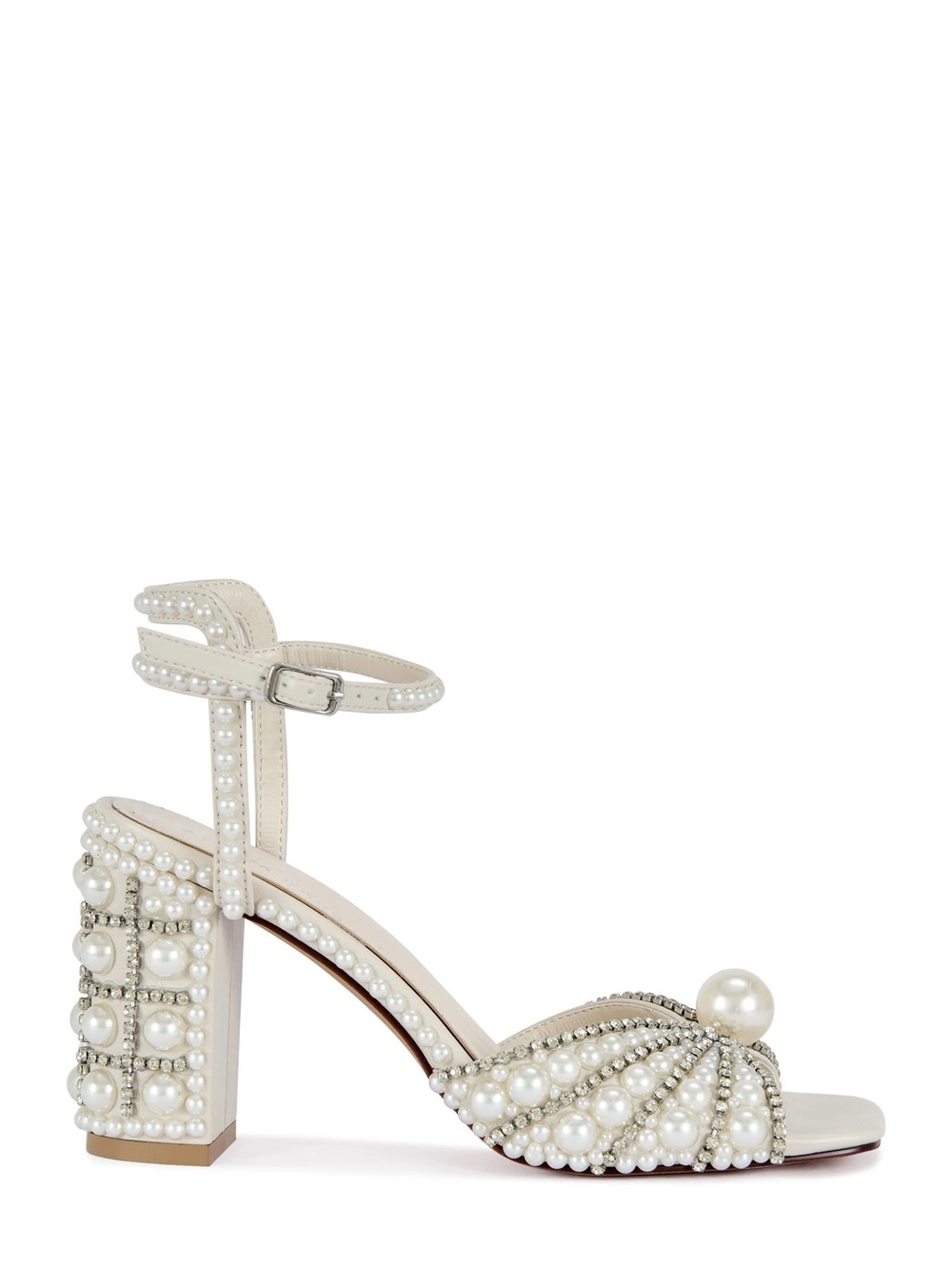 Ivory Pearl-Embellished Block Heel Sandals